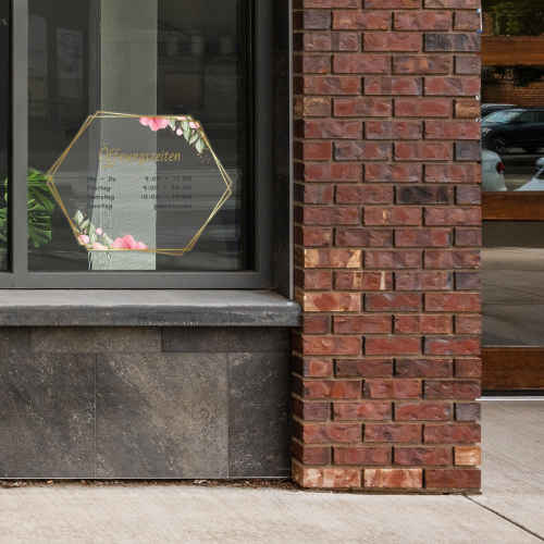 Fensteraufkleber transparent - Öffnungszeiten Hexagon Goldrahmen