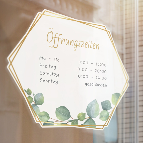 Fensteraufkleber - Öffnungszeiten Hexagon Goldrahmen