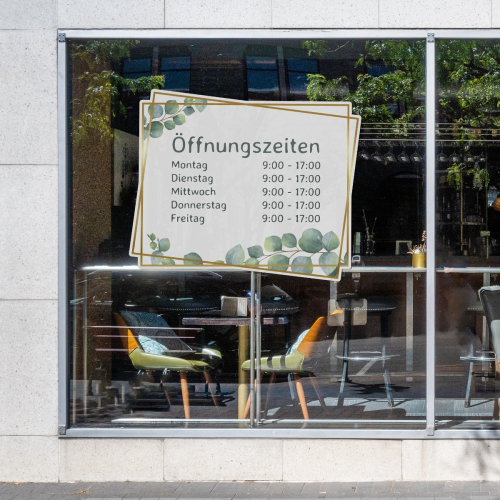 Fensteraufkleber - Öffnungszeiten Querformat Goldrahmen