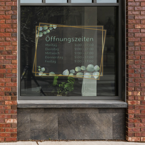 Fensteraufkleber transparent - Öffnungszeiten Querformat Goldrahmen