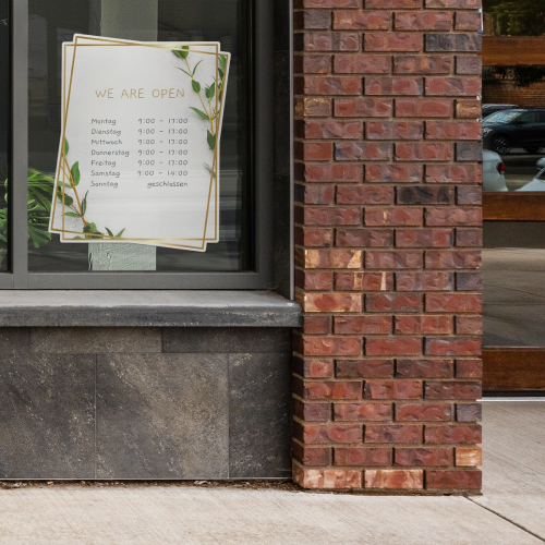 Fensteraufkleber - Öffnungszeiten Hochformat Goldrahmen