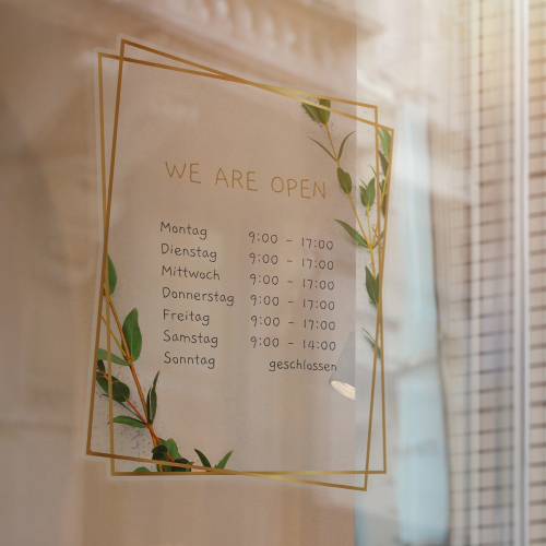 Fensteraufkleber transparent - Öffnungszeiten Hochformat Goldrahmen
