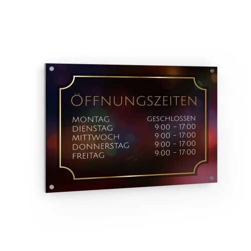 Öffnungszeiten Schild Querformat - Warme Lichtfarben & Goldrahmen