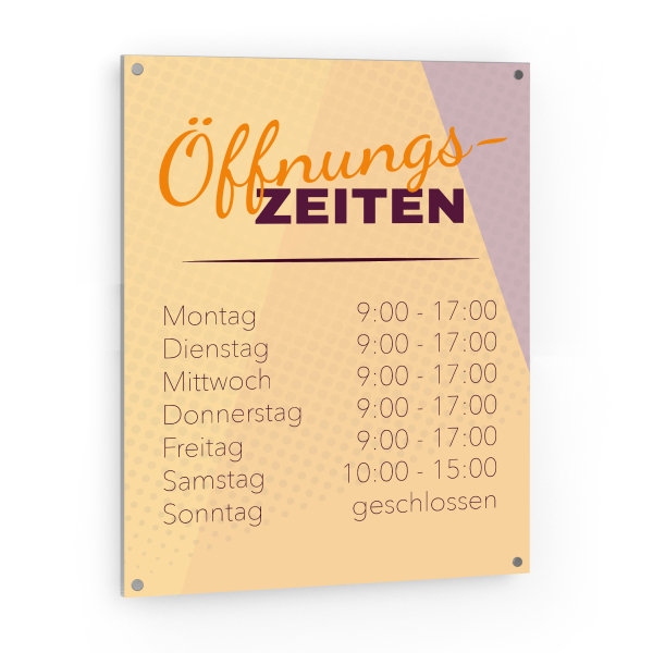 Öffnungszeiten Schild Hochformat - Orange-Violett Retro