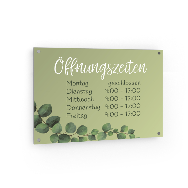 Öffnungszeiten Schild Querformat - Eukalyptus Ranken